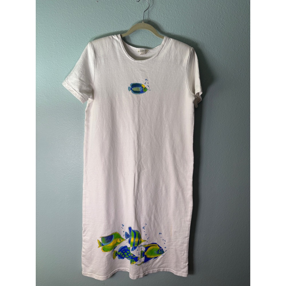 Vtg 80s 90s CITE Tropical Fish T Shirt Dress White Art To Wear Shoulder Pads